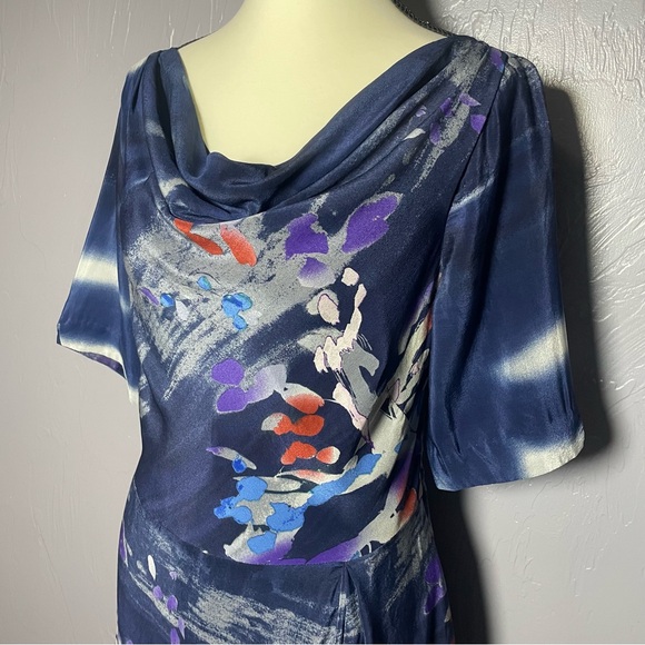 Anthropologie Silk Coquille Blue Abstract Watercolor Dress Drape Neck - Picture 3 of 9